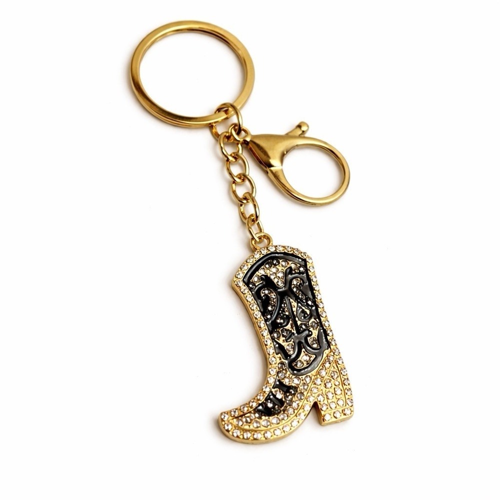 Western Cowgirl Black Boot Gold Tone Keychain Purse Charm Rhinestone Metal Clip